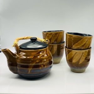 Simple Dining Chinese Teapot Set (5 pieces) with Bamboo Leaf Design